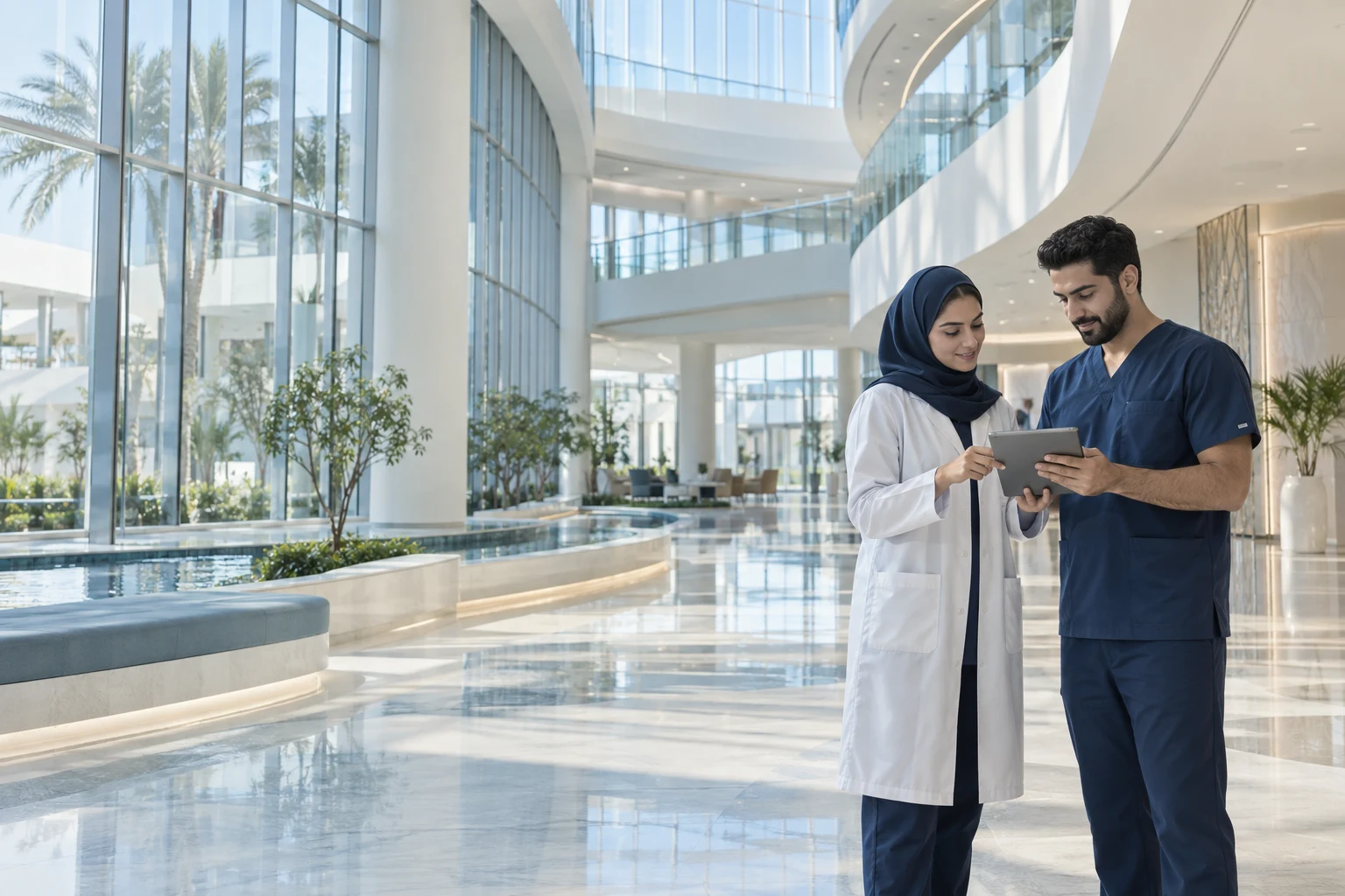 Two clinicians reviewing a tablet in a bright contemporary hospital atrium